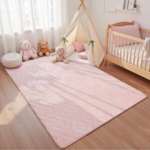 Plush Pink Nursery Rug - Soft Playroom Floor Mat